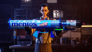 Een Fortnite figuur houdt een rol mentos vast