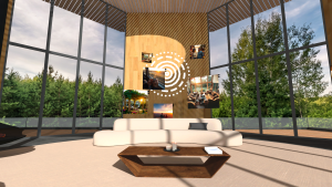 Virtuele kamer met een bank en een beeldscherm
