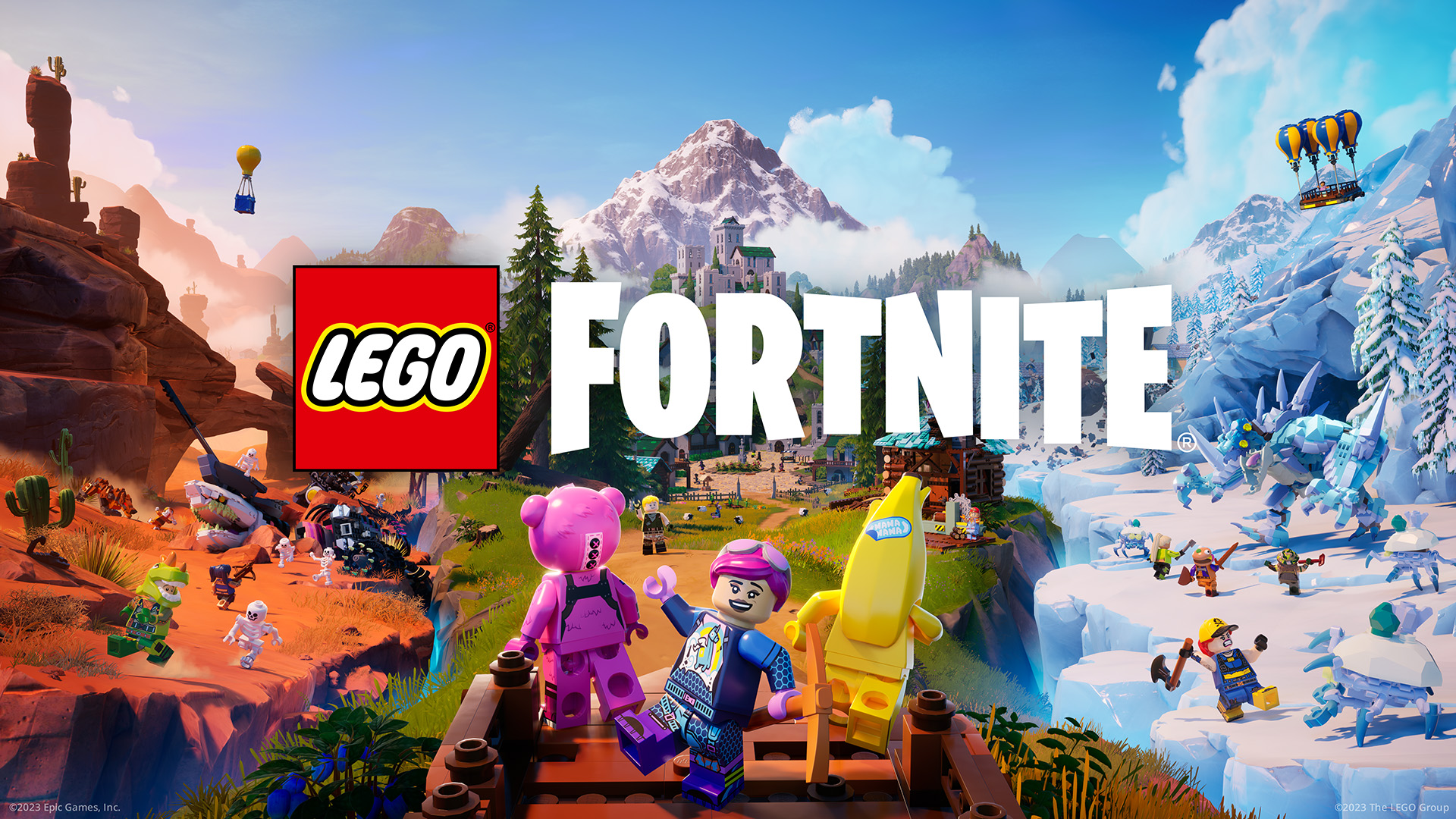 Een overzicht van allerlei LEGO poppetjes in de Fortnite omgeving
