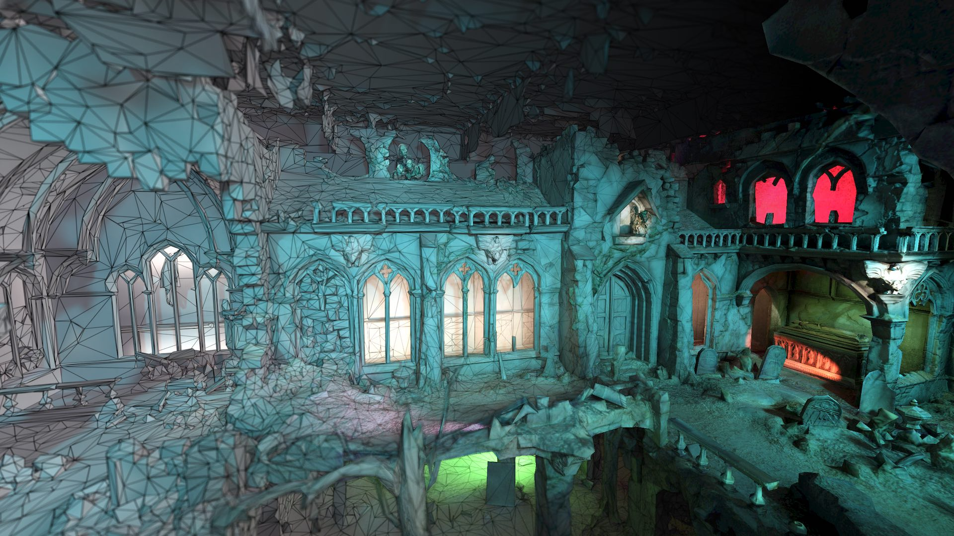 3D digital model of the Spookslot at Efteling, showing the ruined gothic castle interior with wireframe geometry and finished lighting used in theme park attraction design.